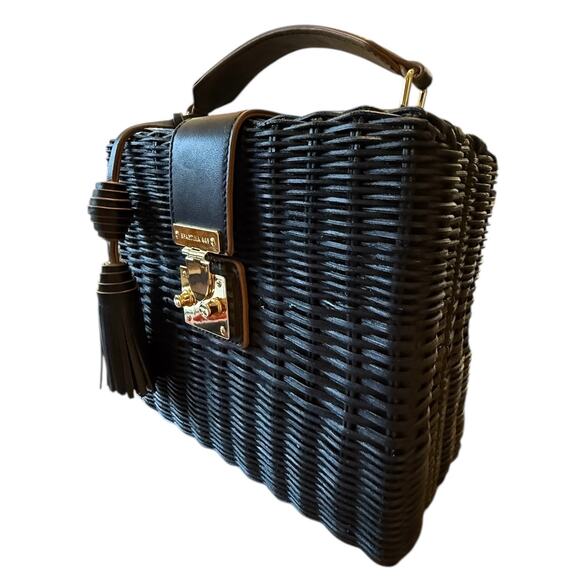 Spartina 449 Black Rattan Box Bag Leather Trim Gold Hardware Top Handle - Picture 4 of 16